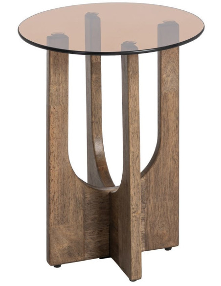Table d'appoint style mid-century moderne Ronde 40 cm Bois d'hévéa Marron Verre trempé Ambre Amy 