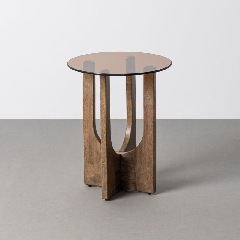 Table d'appoint style mid-century moderne Ronde 40 cm Bois d'hévéa Marron Verre trempé Ambre Amy 