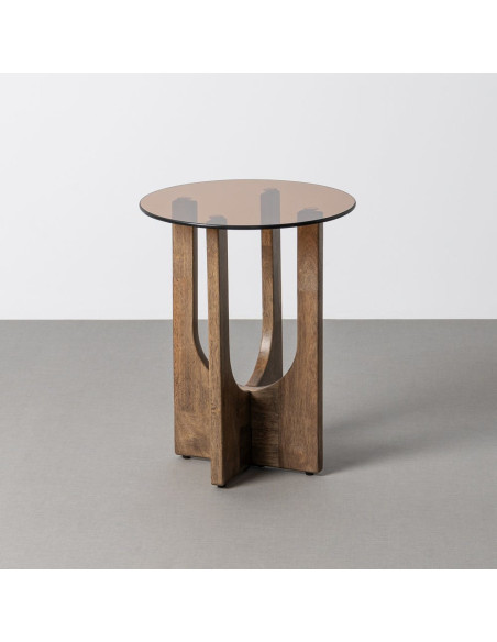 Table d'appoint style mid-century moderne Ronde 40 cm Bois d'hévéa Marron Verre trempé Ambre Amy 