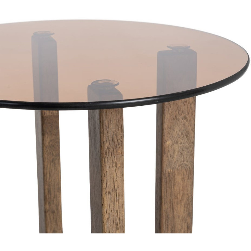 Table d'appoint style mid-century moderne Ronde 40 cm Bois d'hévéa Marron Verre trempé Ambre Amy 