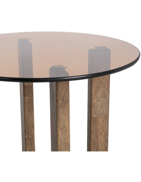 Table d'appoint style mid-century moderne Ronde 40 cm Bois d'hévéa Marron Verre trempé Ambre Amy 