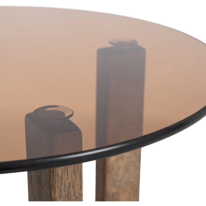 Table d'appoint style mid-century moderne Ronde 40 cm Bois d'hévéa Marron Verre trempé Ambre Amy 