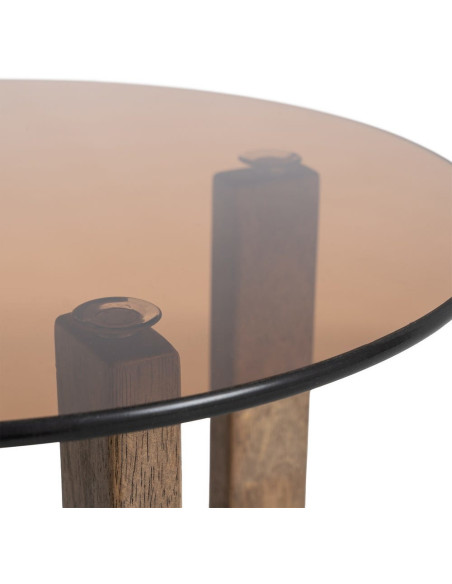 Table d'appoint style mid-century moderne Ronde 40 cm Bois d'hévéa Marron Verre trempé Ambre Amy 
