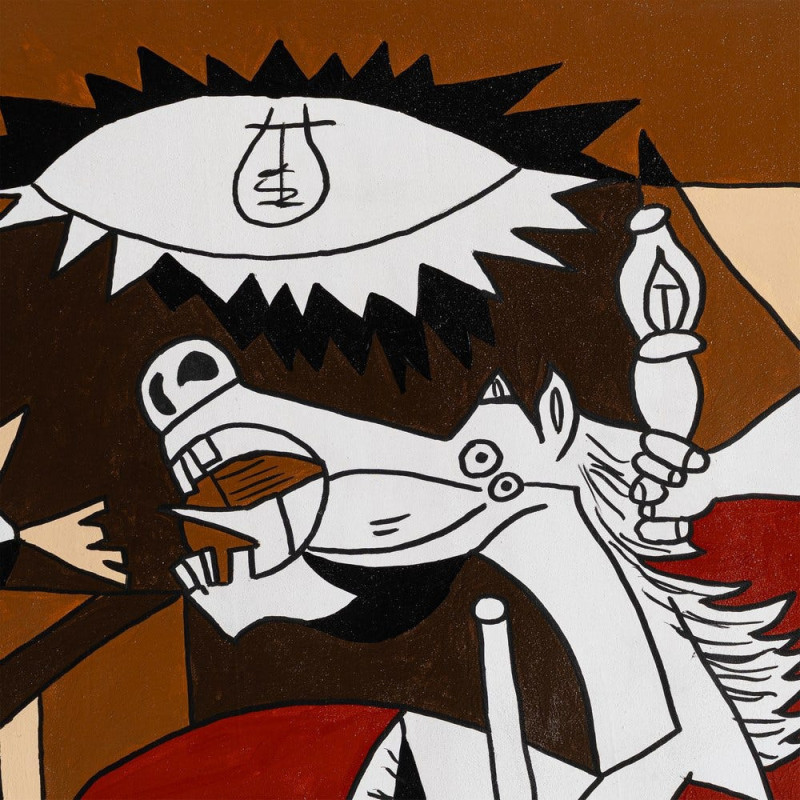 Grande Toile murale peinte moderne cubiste 174x74 Cadre en bois d'ayous naturel Marron Rouge Blanc Humafra 