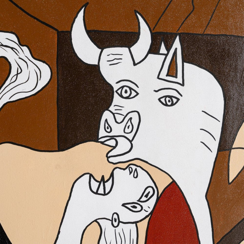 Grande Toile murale peinte moderne cubiste 174x74 Cadre en bois d'ayous naturel Marron Rouge Blanc Humafra 