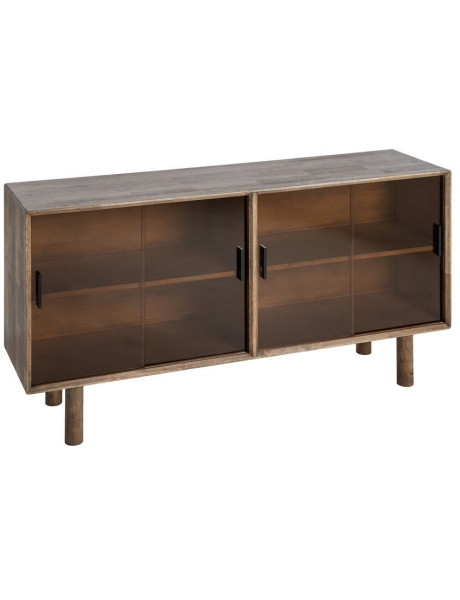 Grand Buffet vitrine style mid-century moderne Bas 4 portes Bois d'hévéa Marron Verre trempé Ambre Amy 