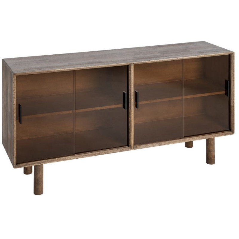 Grand Buffet vitrine style mid-century moderne Bas 4 portes Bois d'hévéa Marron Verre trempé Ambre Amy 