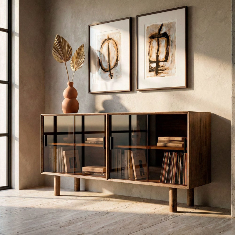 Grand Buffet vitrine style mid-century moderne Bas 4 portes Bois d'hévéa Marron Verre trempé Ambre Amy 
