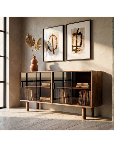 Grand Buffet vitrine style mid-century moderne Bas 4 portes Bois d'hévéa Marron Verre trempé Ambre Amy 