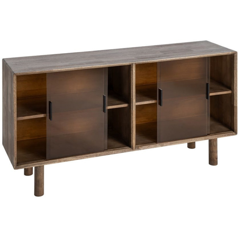 Grand Buffet vitrine style mid-century moderne Bas 4 portes Bois d'hévéa Marron Verre trempé Ambre Amy 