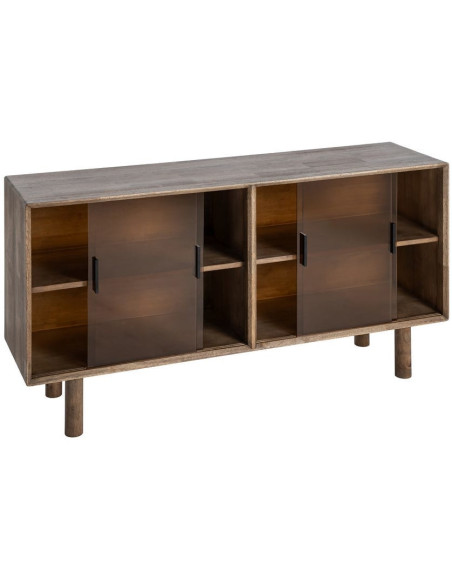 Grand Buffet vitrine style mid-century moderne Bas 4 portes Bois d'hévéa Marron Verre trempé Ambre Amy 