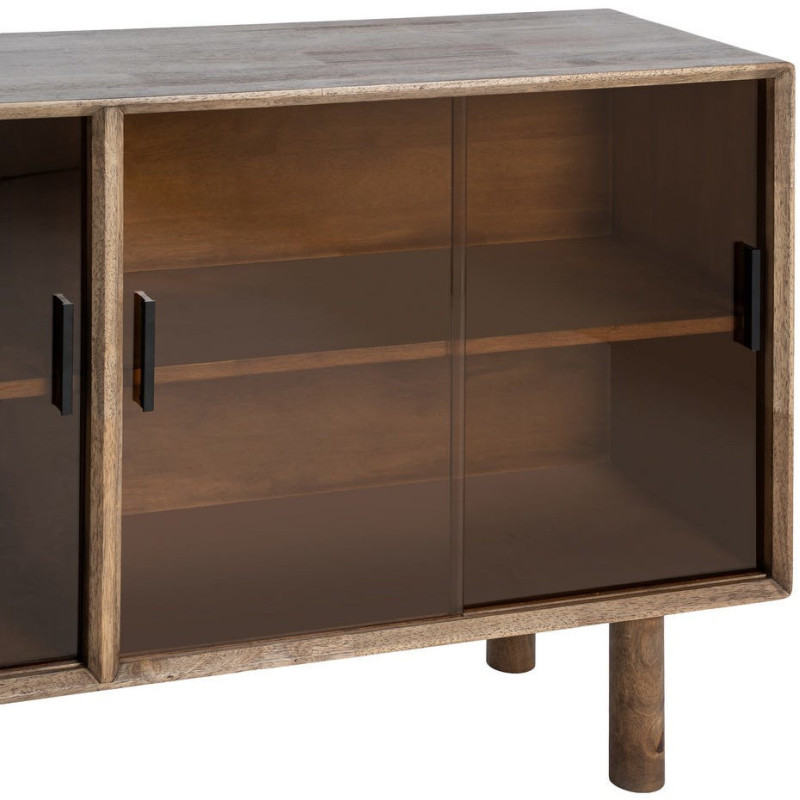 Grand Buffet vitrine style mid-century moderne Bas 4 portes Bois d'hévéa Marron Verre trempé Ambre Amy 