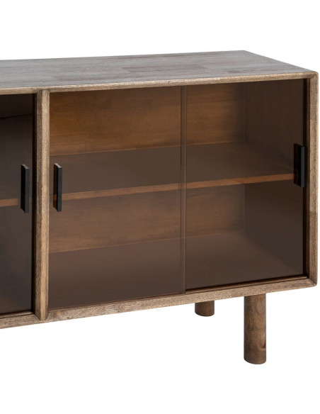 Grand Buffet vitrine style mid-century moderne Bas 4 portes Bois d'hévéa Marron Verre trempé Ambre Amy 