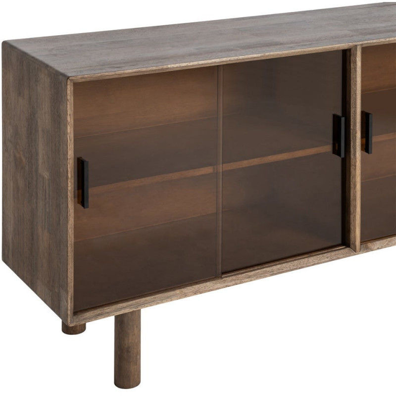 Grand Buffet vitrine style mid-century moderne Bas 4 portes Bois d'hévéa Marron Verre trempé Ambre Amy 