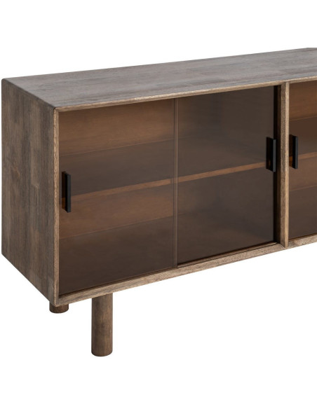 Grand Buffet vitrine style mid-century moderne Bas 4 portes Bois d'hévéa Marron Verre trempé Ambre Amy 