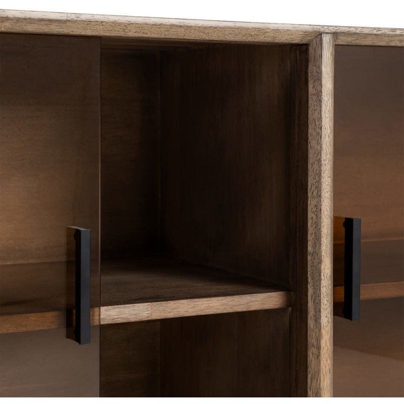 Grand Buffet vitrine style mid-century moderne Bas 4 portes Bois d'hévéa Marron Verre trempé Ambre Amy 