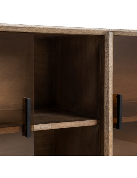 Grand Buffet vitrine style mid-century moderne Bas 4 portes Bois d'hévéa Marron Verre trempé Ambre Amy 