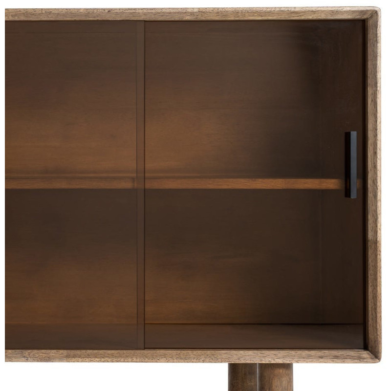 Grand Buffet vitrine style mid-century moderne Bas 4 portes Bois d'hévéa Marron Verre trempé Ambre Amy 