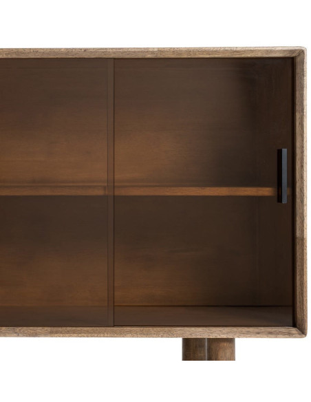 Grand Buffet vitrine style mid-century moderne Bas 4 portes Bois d'hévéa Marron Verre trempé Ambre Amy 