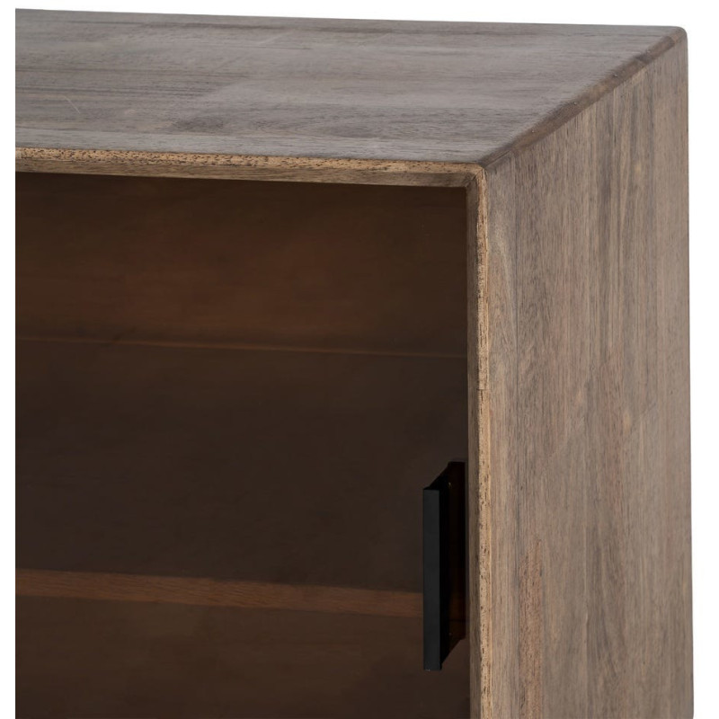 Grand Buffet vitrine style mid-century moderne Bas 4 portes Bois d'hévéa Marron Verre trempé Ambre Amy 