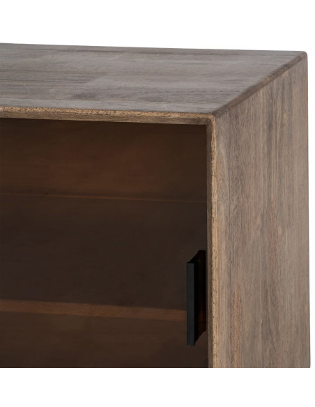Grand Buffet vitrine style mid-century moderne Bas 4 portes Bois d'hévéa Marron Verre trempé Ambre Amy 