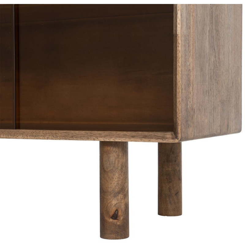 Grand Buffet vitrine style mid-century moderne Bas 4 portes Bois d'hévéa Marron Verre trempé Ambre Amy 