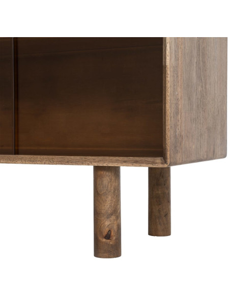 Grand Buffet vitrine style mid-century moderne Bas 4 portes Bois d'hévéa Marron Verre trempé Ambre Amy 