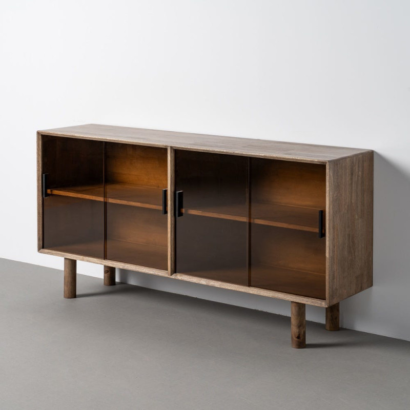 Grand Buffet vitrine style mid-century moderne Bas 4 portes Bois d'hévéa Marron Verre trempé Ambre Amy 