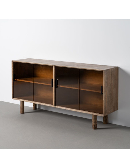 Grand Buffet vitrine style mid-century moderne Bas 4 portes Bois d'hévéa Marron Verre trempé Ambre Amy 