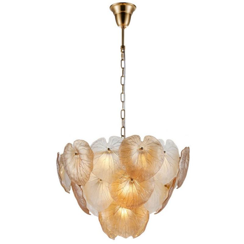 Suspension design Art déco Pétales D 55 cm Verre Champagne Blanc Métal Doré Floréa 