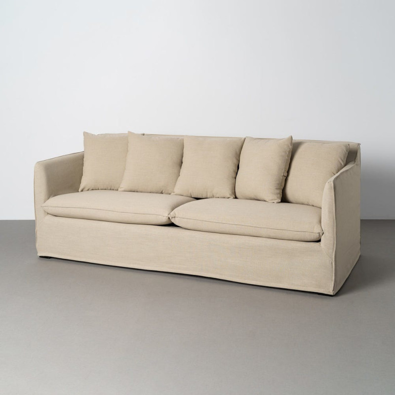 Canapé design contemporain Droit 3 places 215 cm Tissu Taupe patiné Bois massi Nubéa 