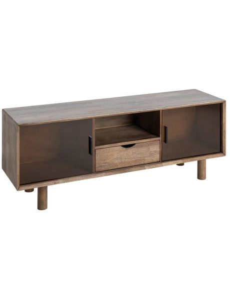 Meuble tv style mid-century moderne 2 portes 1 tiroir 1 niche Bois d'hévéa Marron Verre trempé Ambre Amy 