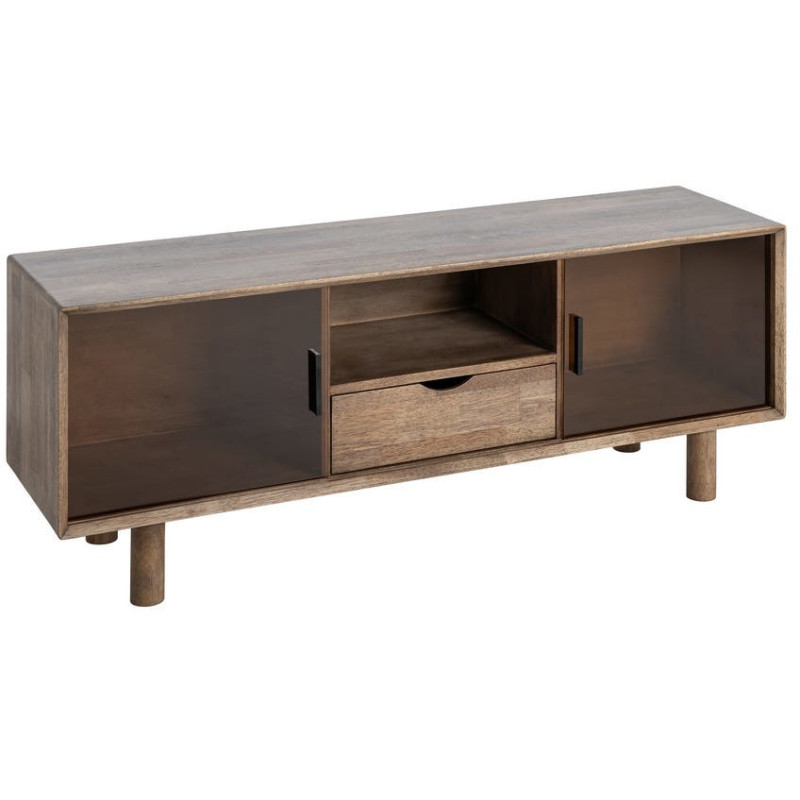 Meuble tv style mid-century moderne 2 portes 1 tiroir 1 niche Bois d'hévéa Marron Verre trempé Ambre Amy 