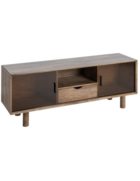 Meuble tv style mid-century moderne 2 portes 1 tiroir 1 niche Bois d'hévéa Marron Verre trempé Ambre Amy 