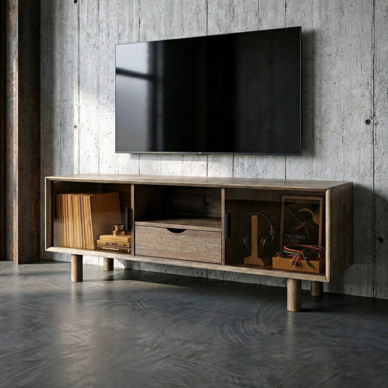 Meuble tv style mid-century moderne 2 portes 1 tiroir 1 niche Bois d'hévéa Marron Verre trempé Ambre Amy 