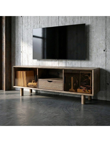 Meuble tv style mid-century moderne 2 portes 1 tiroir 1 niche Bois d'hévéa Marron Verre trempé Ambre Amy 