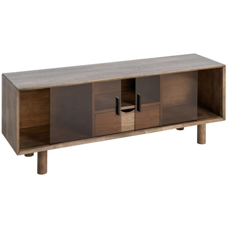 Meuble tv style mid-century moderne 2 portes 1 tiroir 1 niche Bois d'hévéa Marron Verre trempé Ambre Amy 