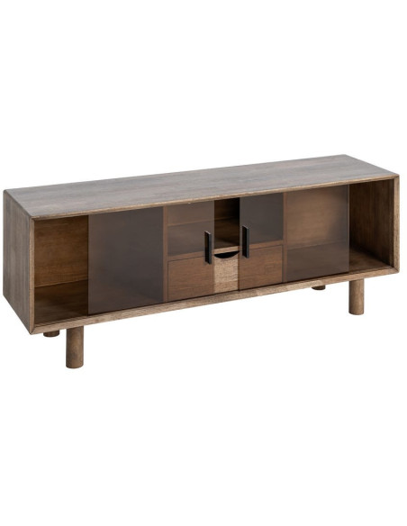 Meuble tv style mid-century moderne 2 portes 1 tiroir 1 niche Bois d'hévéa Marron Verre trempé Ambre Amy 