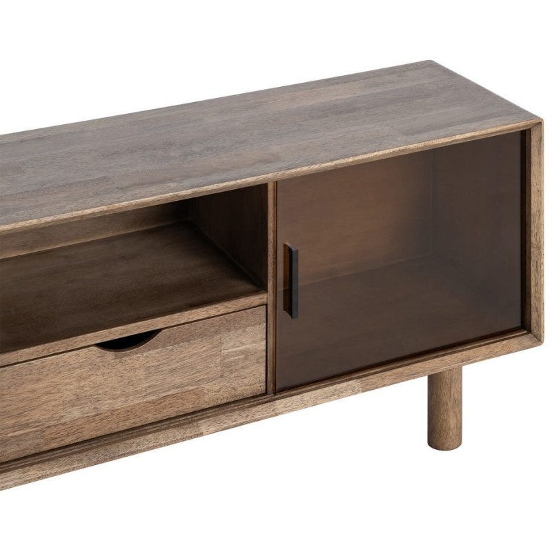 Meuble tv style mid-century moderne 2 portes 1 tiroir 1 niche Bois d'hévéa Marron Verre trempé Ambre Amy 