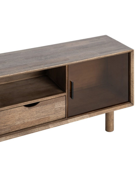 Meuble tv style mid-century moderne 2 portes 1 tiroir 1 niche Bois d'hévéa Marron Verre trempé Ambre Amy 