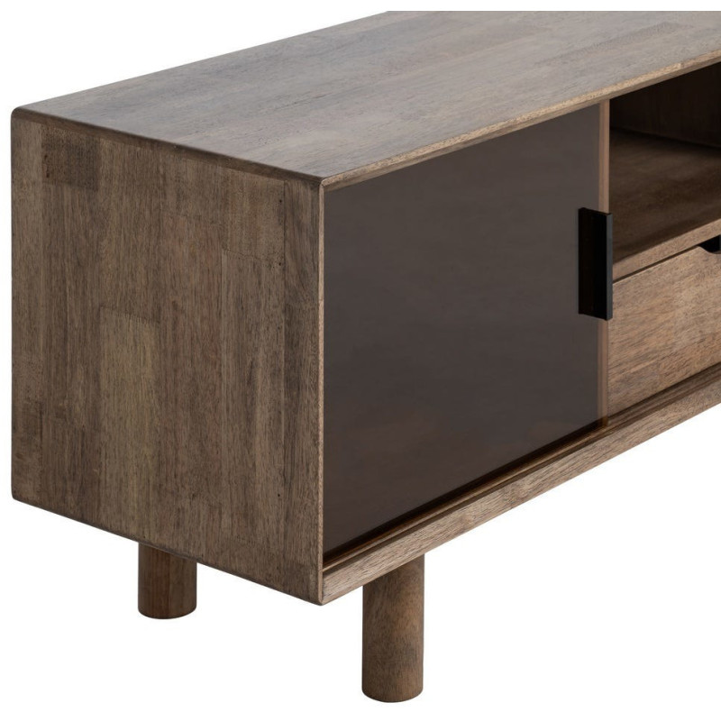 Meuble tv style mid-century moderne 2 portes 1 tiroir 1 niche Bois d'hévéa Marron Verre trempé Ambre Amy 