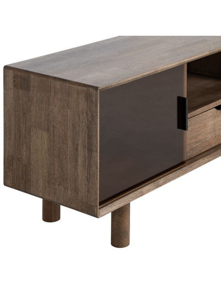 Meuble tv style mid-century moderne 2 portes 1 tiroir 1 niche Bois d'hévéa Marron Verre trempé Ambre Amy 