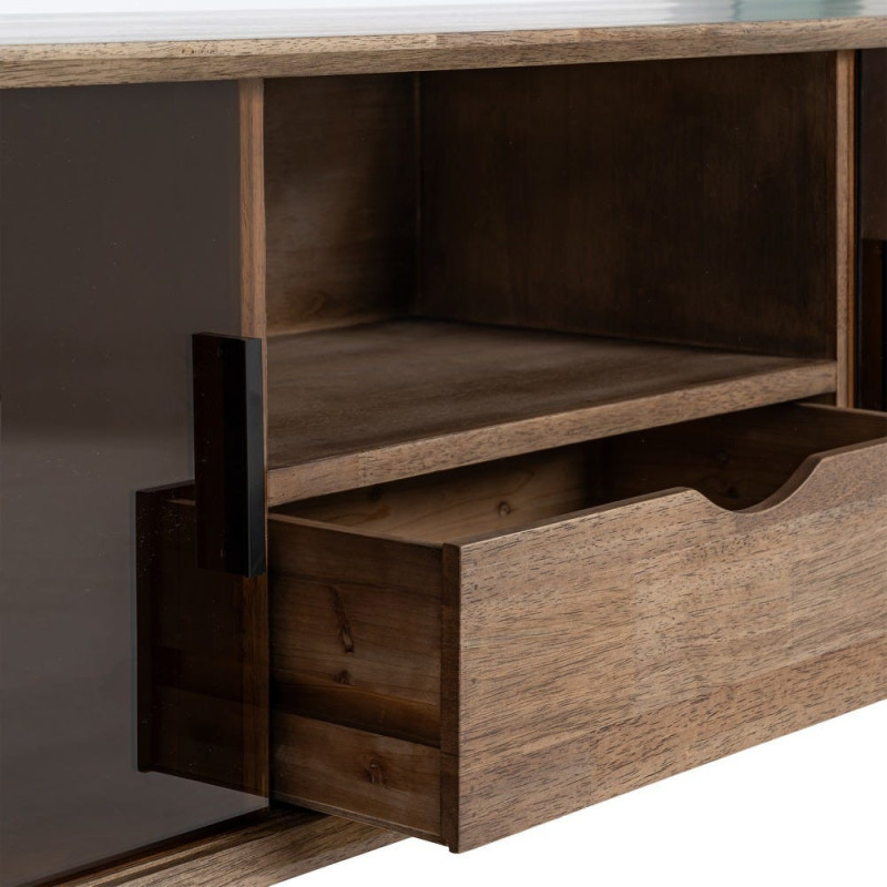 Meuble tv style mid-century moderne 2 portes 1 tiroir 1 niche Bois d'hévéa Marron Verre trempé Ambre Amy 