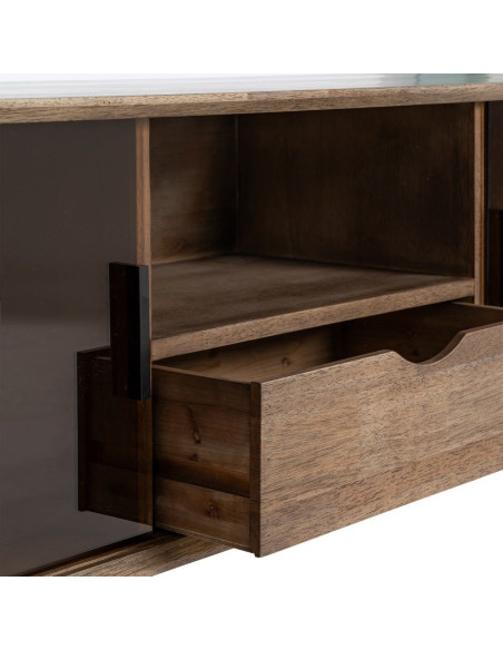 Meuble tv style mid-century moderne 2 portes 1 tiroir 1 niche Bois d'hévéa Marron Verre trempé Ambre Amy 