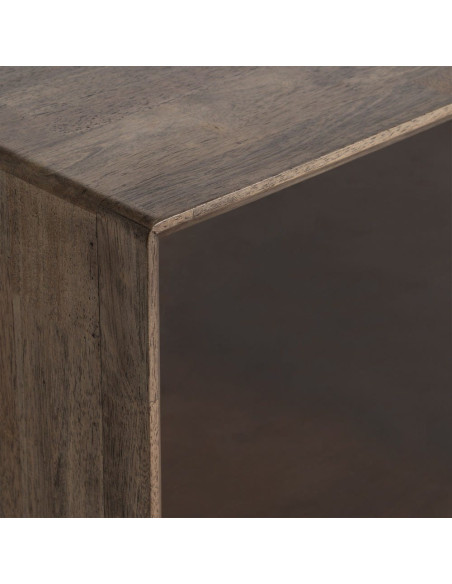 Meuble tv style mid-century moderne 2 portes 1 tiroir 1 niche Bois d'hévéa Marron Verre trempé Ambre Amy 