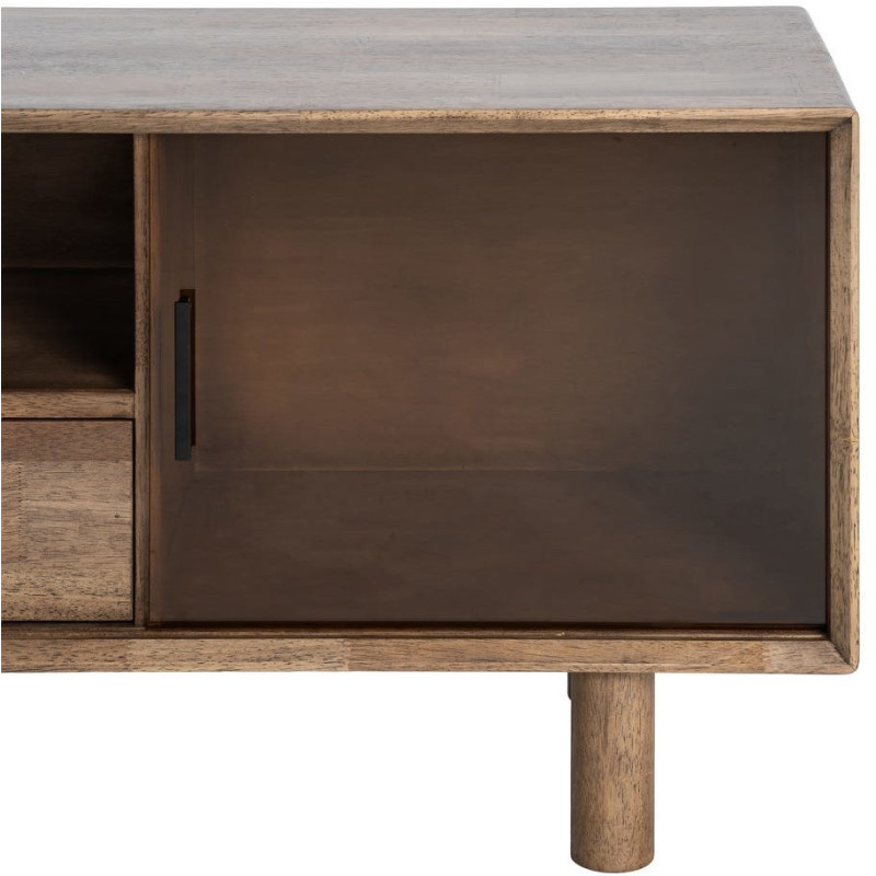 Meuble tv style mid-century moderne 2 portes 1 tiroir 1 niche Bois d'hévéa Marron Verre trempé Ambre Amy 