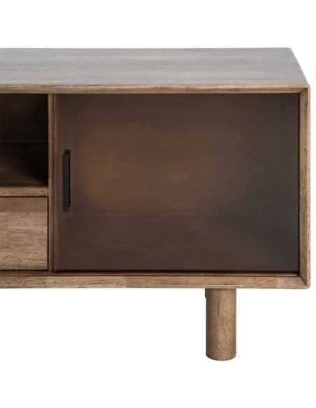 Meuble tv style mid-century moderne 2 portes 1 tiroir 1 niche Bois d'hévéa Marron Verre trempé Ambre Amy 