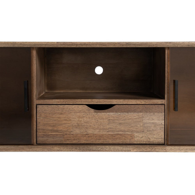 Meuble tv style mid-century moderne 2 portes 1 tiroir 1 niche Bois d'hévéa Marron Verre trempé Ambre Amy 