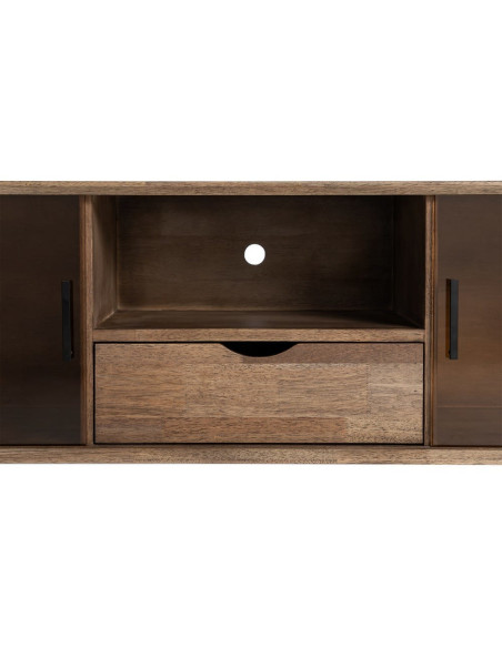 Meuble tv style mid-century moderne 2 portes 1 tiroir 1 niche Bois d'hévéa Marron Verre trempé Ambre Amy 