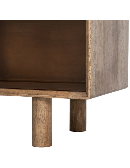 Meuble tv style mid-century moderne 2 portes 1 tiroir 1 niche Bois d'hévéa Marron Verre trempé Ambre Amy 